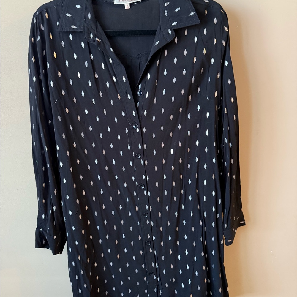 Solitaire Black Button Down Shirt with White Pattern